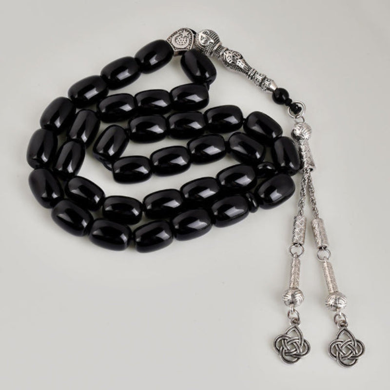 Black Onyx Tasbih β 33 Prayer Beads with Silver Tassel