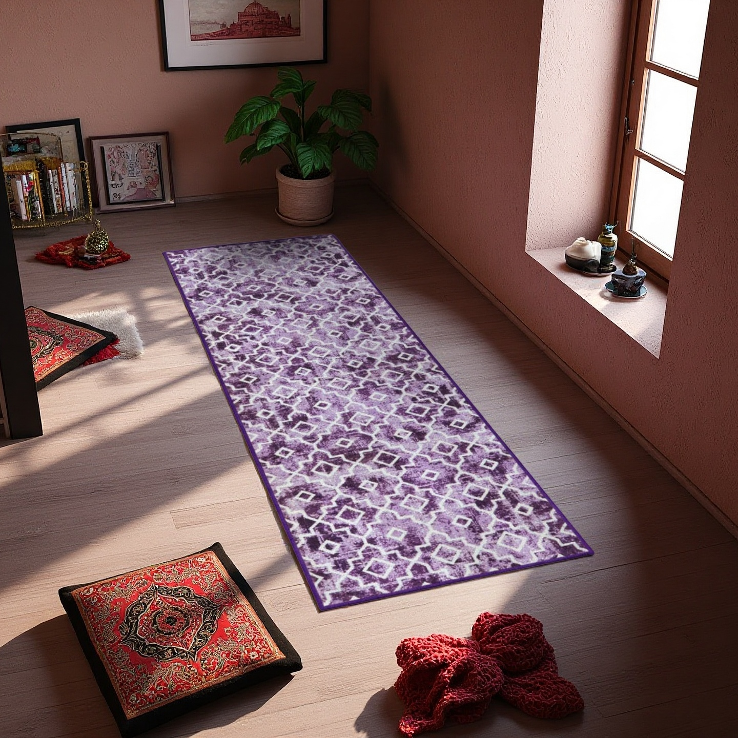 Purple Geometric Runner Rug — Anti-Slip & Durable