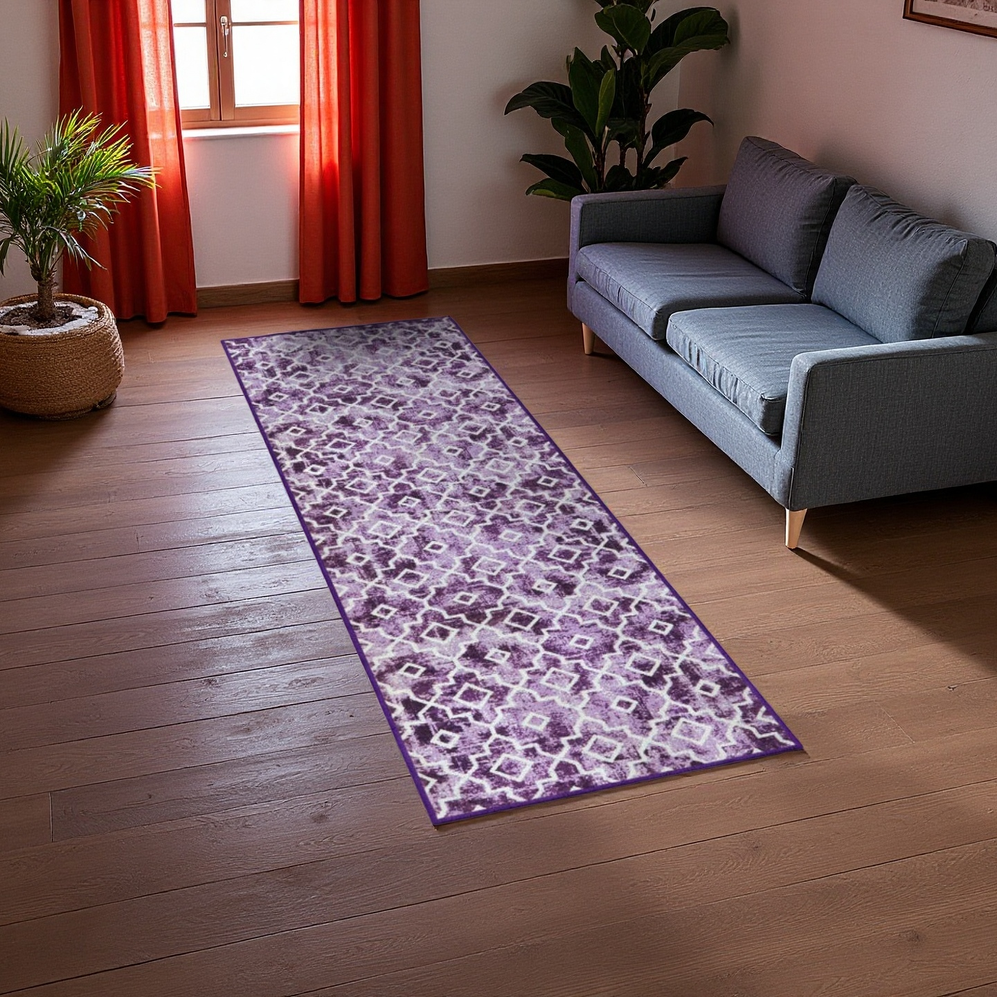 Purple Geometric Runner Rug — Anti-Slip & Durable