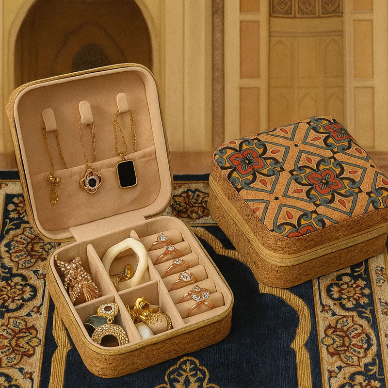 Cork Travel Jewelry Box with Mirror – Geometric Floral