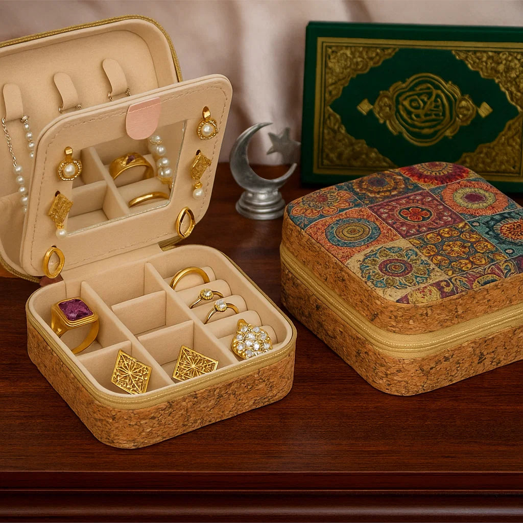 Cork Travel Jewelry Box with Mirror β Patchwork Design