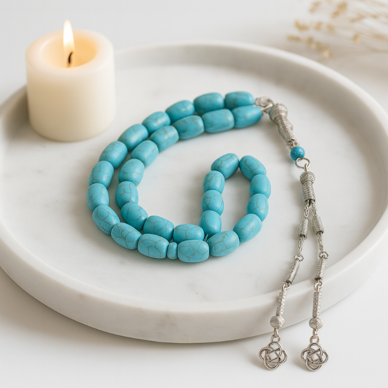 Blue Turquoise Tasbih β 33 Beads, Silver Tassel