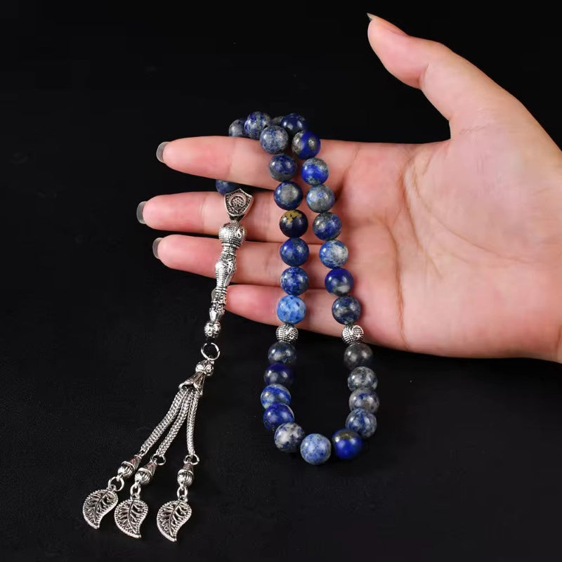 Lapis Lazuli Muslim Prayer Beads β Silver Leaf Tassel Tasbih