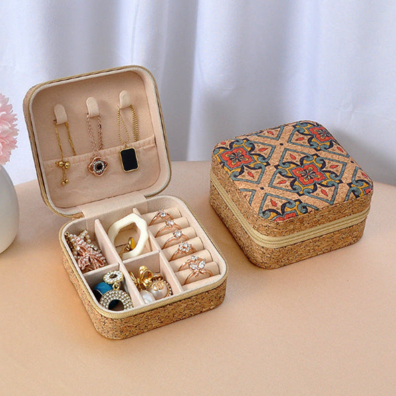 Cork Travel Jewelry Box with Mirror – Geometric Floral