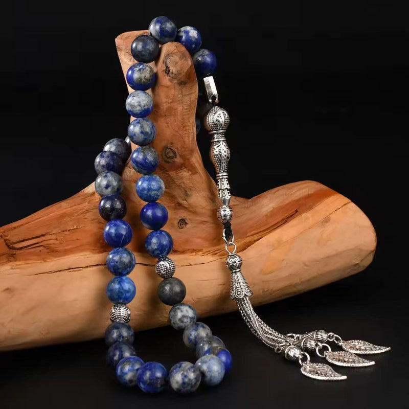 Lapis Lazuli Muslim Prayer Beads β Silver Leaf Tassel Tasbih