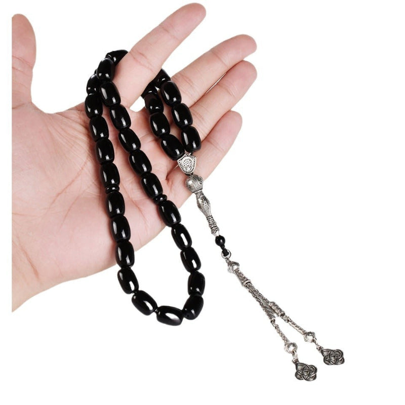 Black Onyx Tasbih β 33 Prayer Beads with Silver Tassel