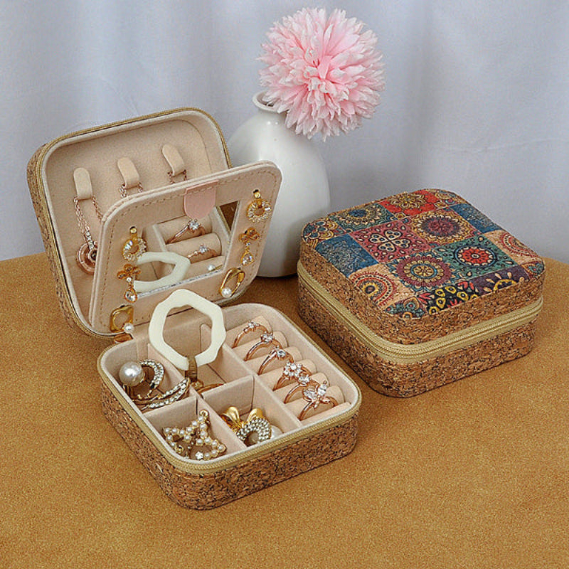 Cork Travel Jewelry Box with Mirror β Patchwork Design