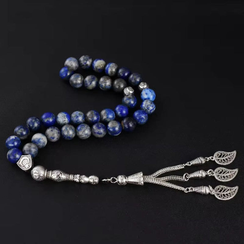 Lapis Lazuli Muslim Prayer Beads β Silver Leaf Tassel Tasbih