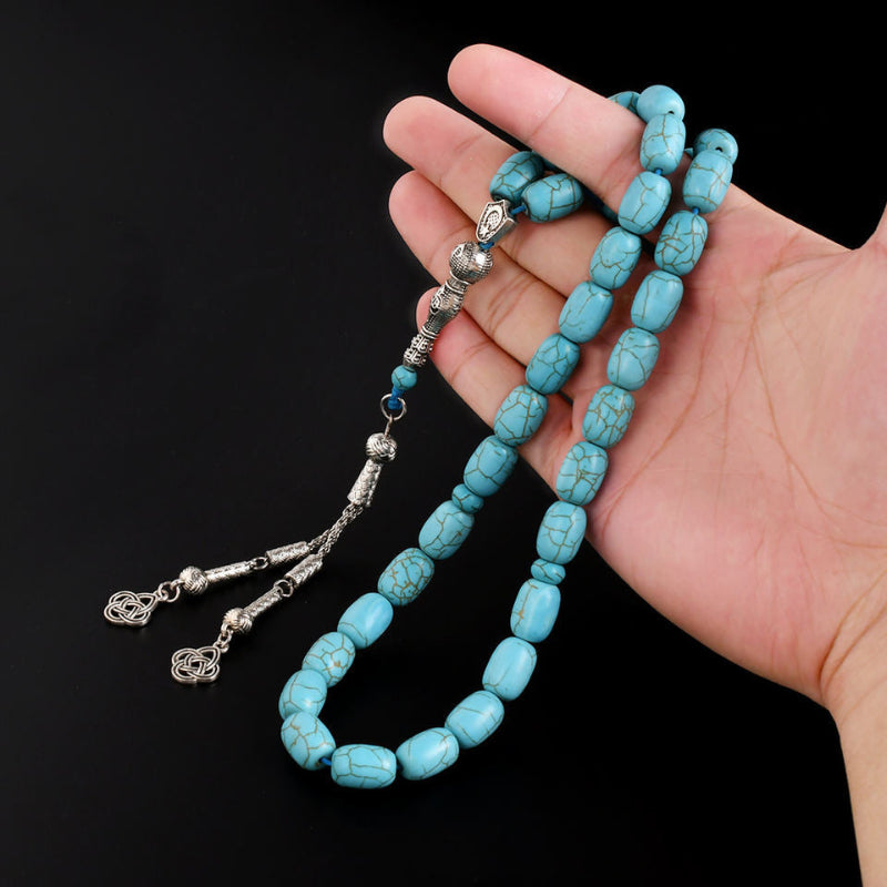 Blue Turquoise Tasbih β 33 Beads, Silver Tassel