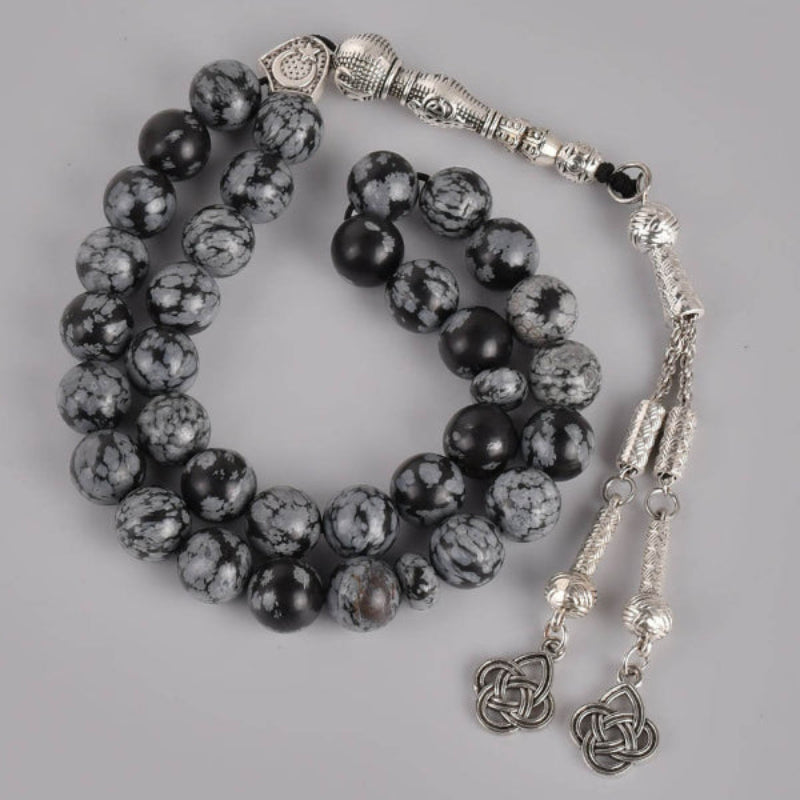 Snowflake Obsidian Tasbih β 33 Beads, Silver Tassel