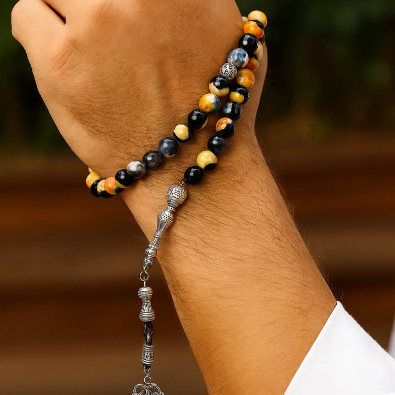 Agate Tasbih Prayer Beads – 33 Beads with Metal Tassel