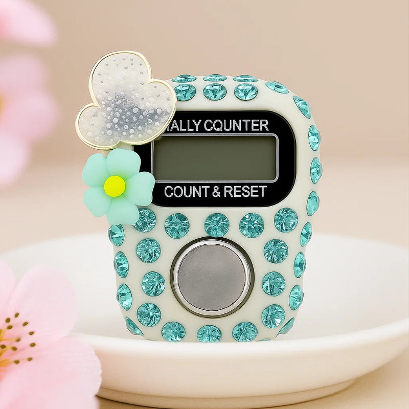 Daisy Charm Finger Tally Counter – Teal Rhinestones