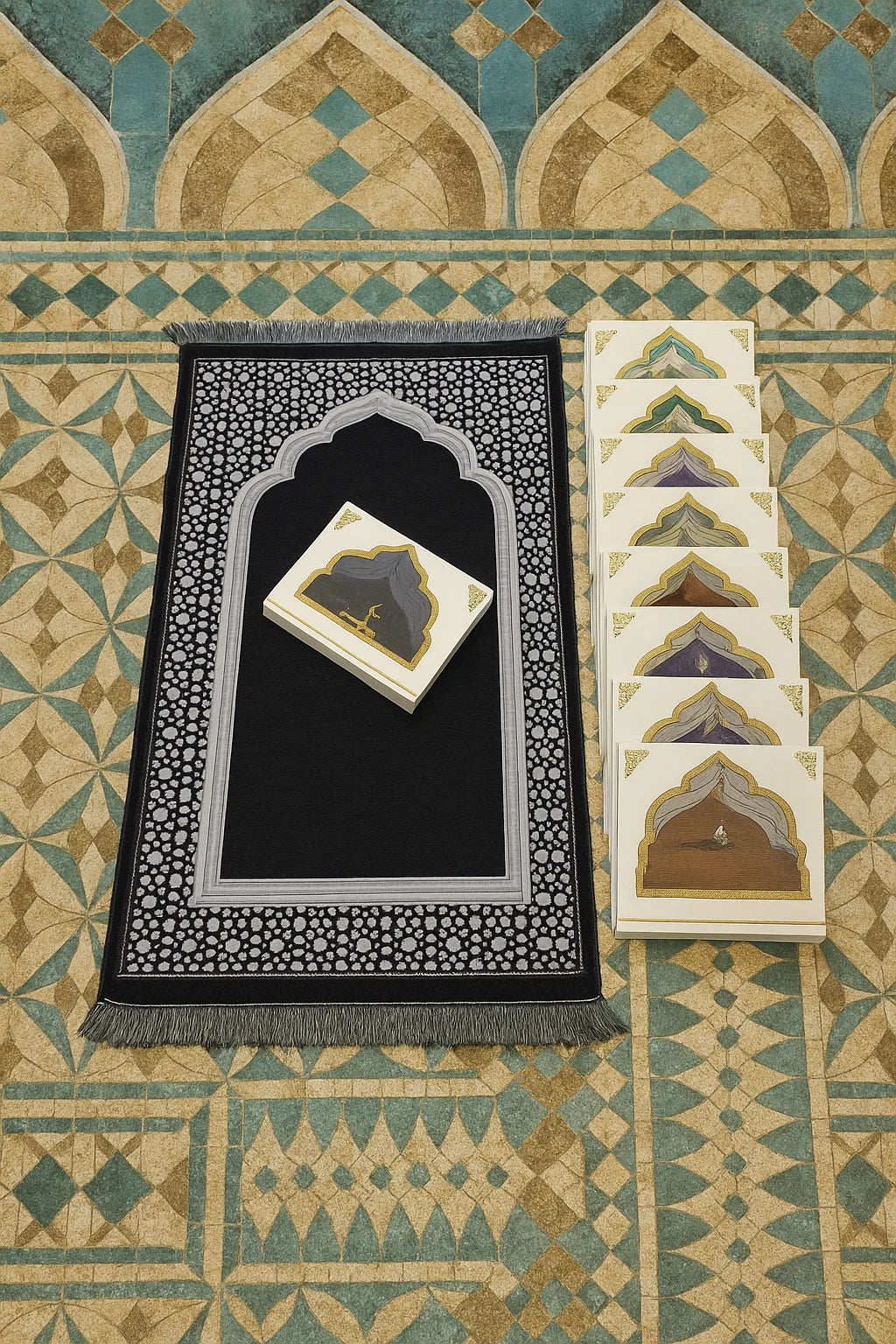 Black Prayer Mat & Tasbih 2-Piece Set