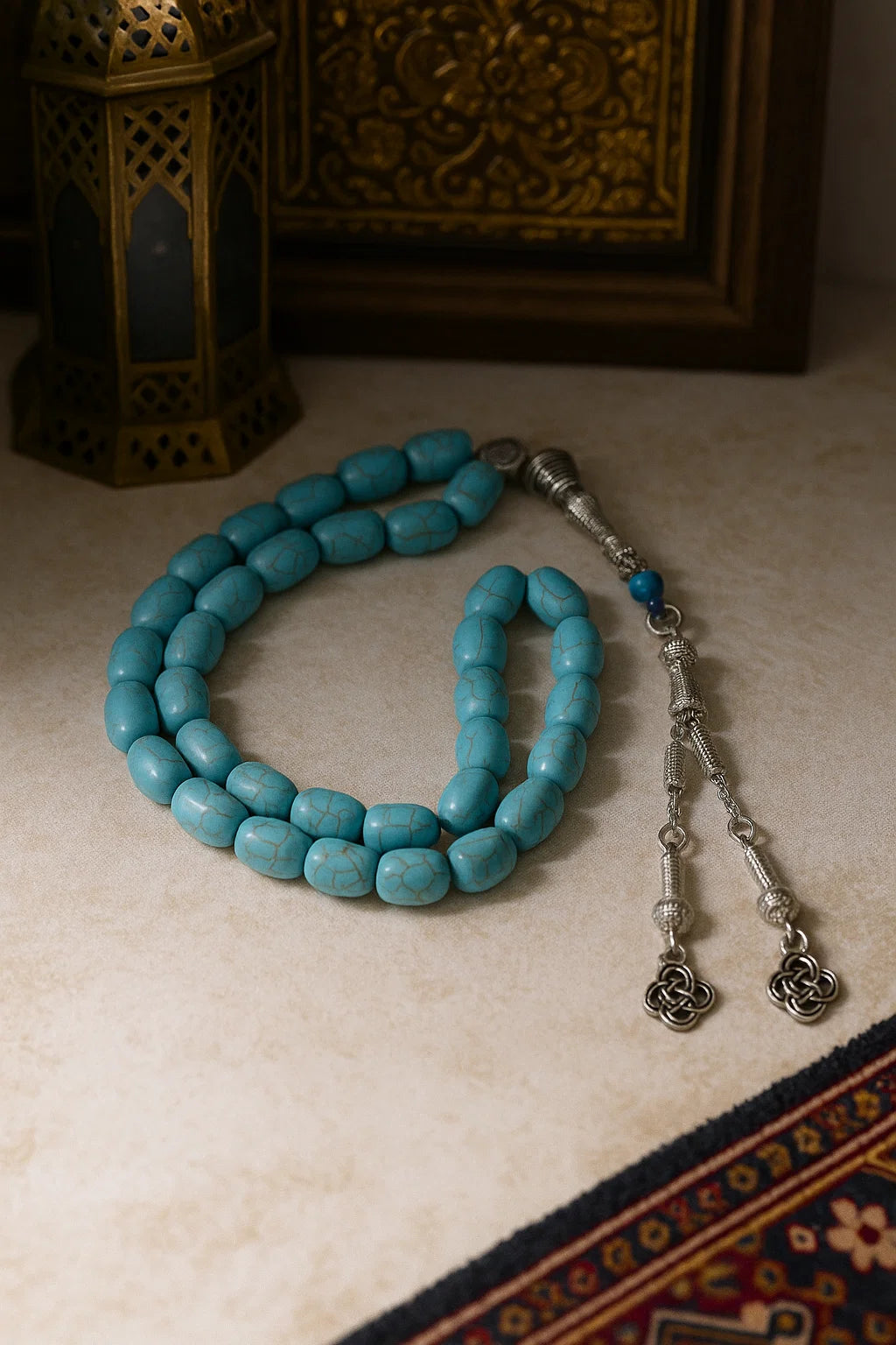 Blue Turquoise Tasbih β 33 Beads, Silver Tassel