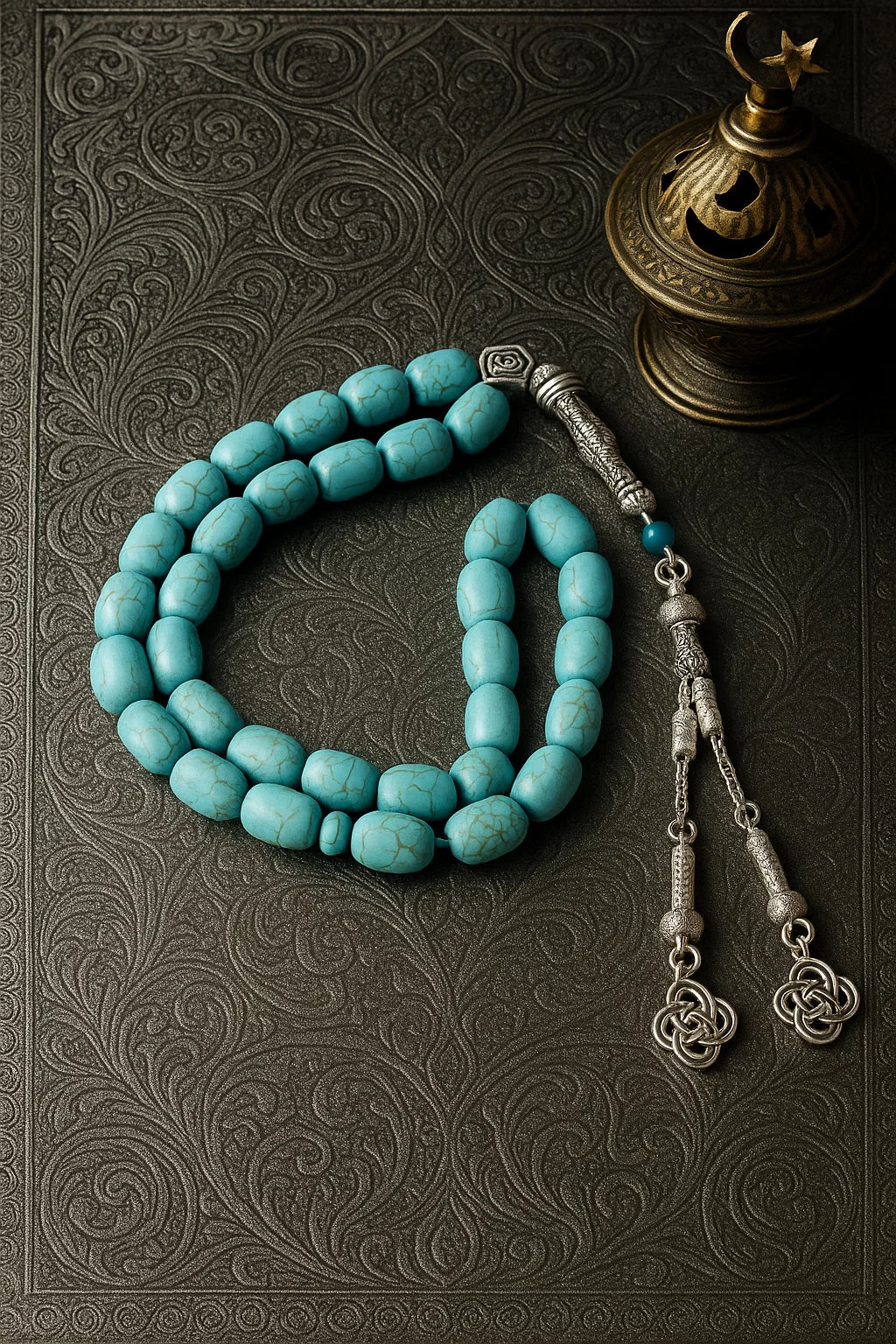 Blue Turquoise Tasbih β 33 Beads, Silver Tassel