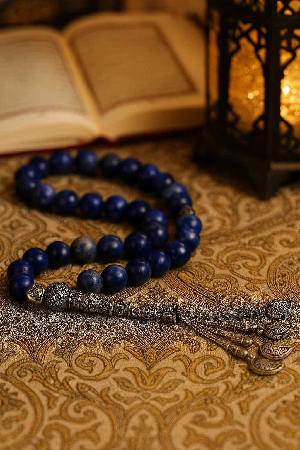 Lapis Lazuli Muslim Prayer Beads β Silver Leaf Tassel Tasbih