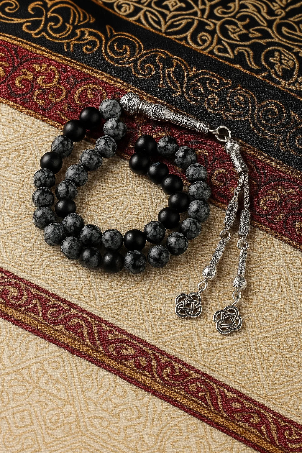 Snowflake Obsidian Tasbih β 33 Beads, Silver Tassel