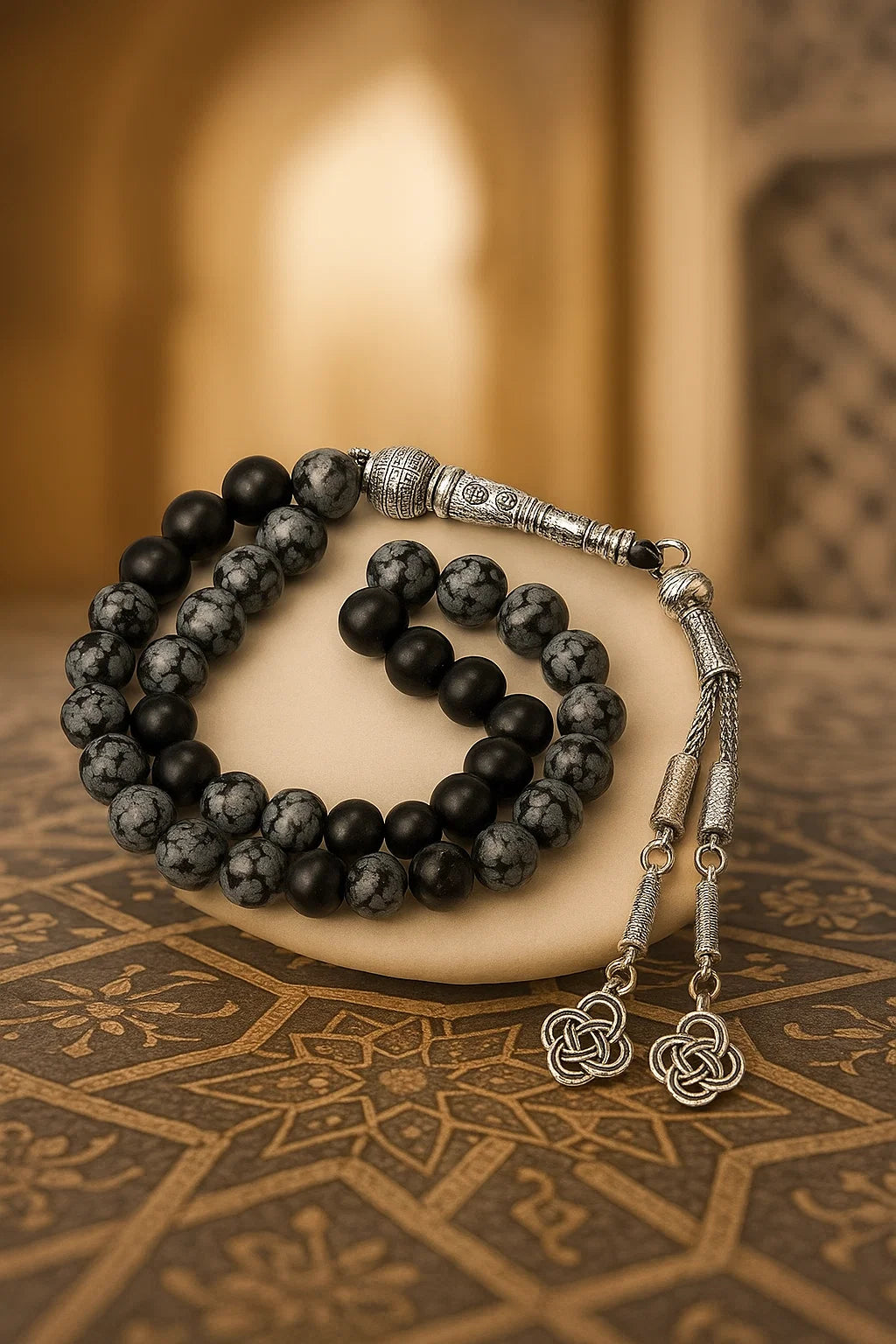 Snowflake Obsidian Tasbih β 33 Beads, Silver Tassel