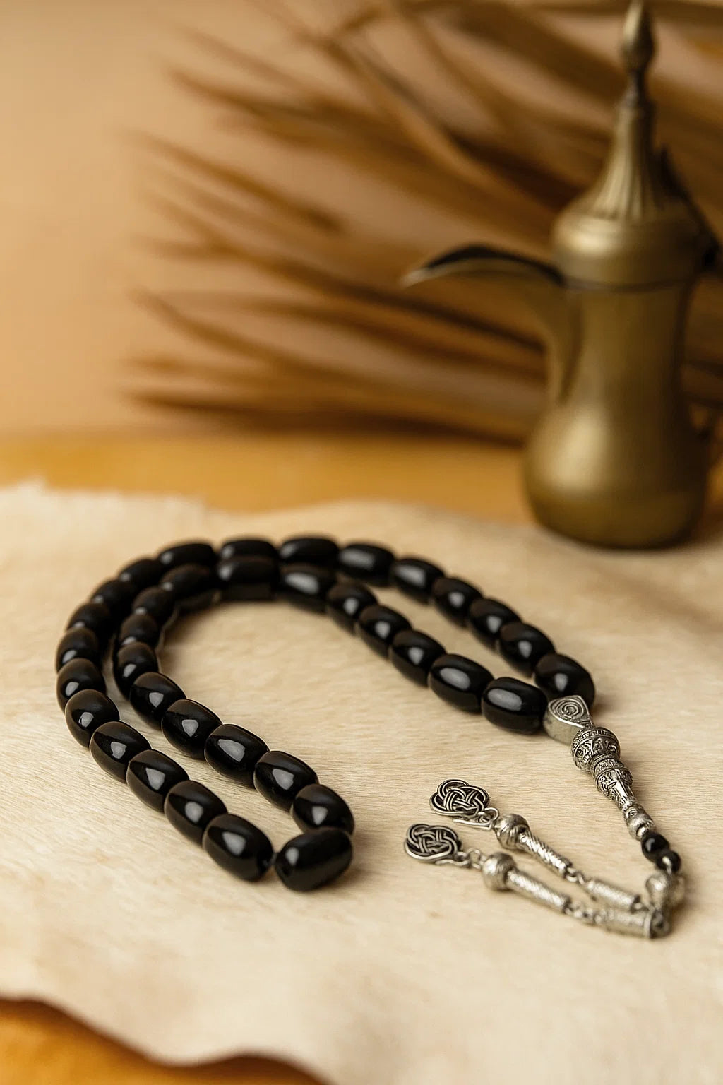 Black Onyx Tasbih β 33 Prayer Beads with Silver Tassel