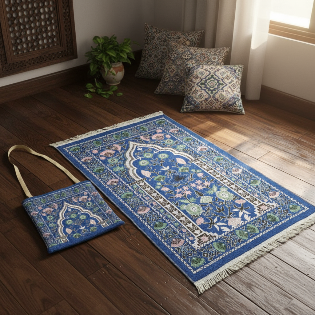 Prayer Mat with Carry Bag β Blue Mihrab Design