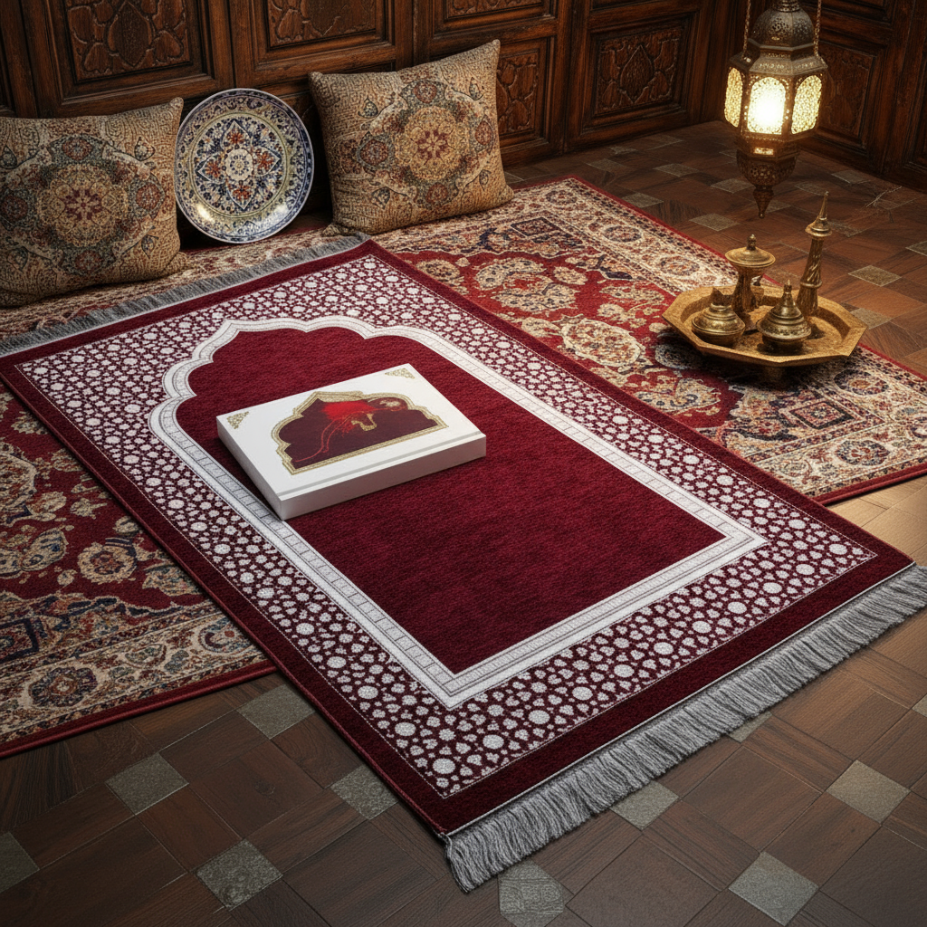 Burgundy Prayer Mat & Tasbih 2-Piece Set