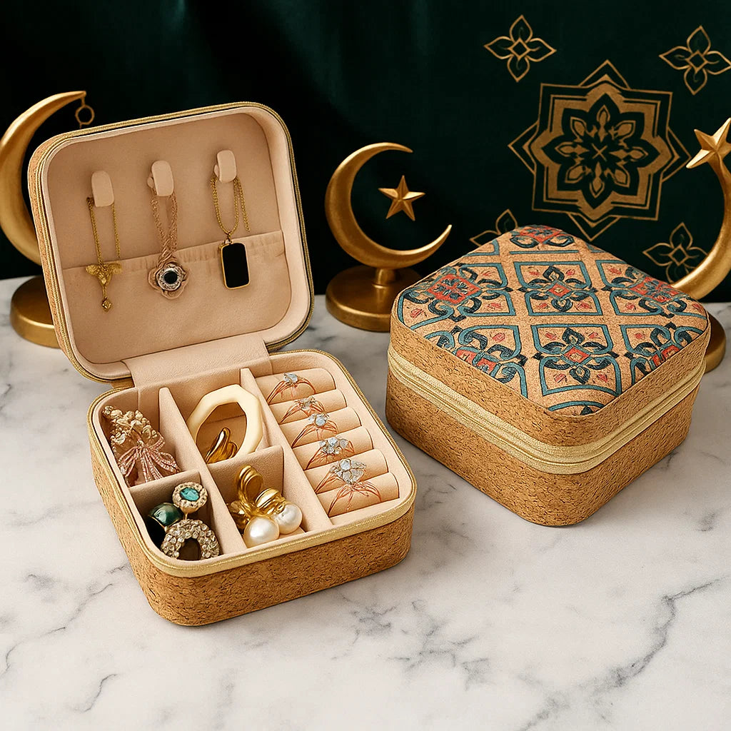 Cork Travel Jewelry Box with Mirror – Geometric Floral