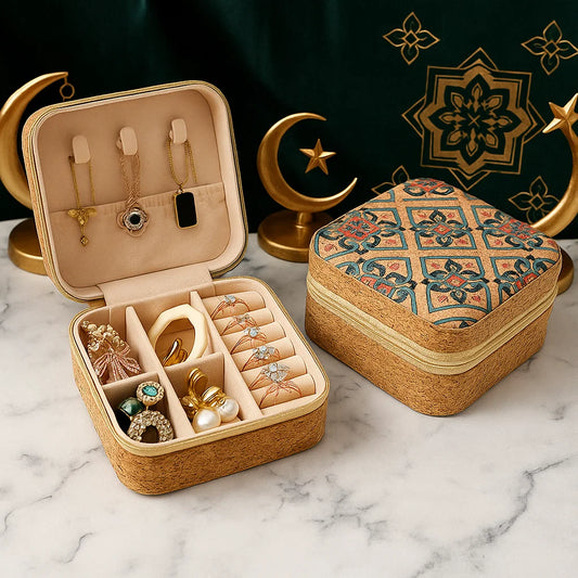 Cork Travel Jewelry Box with Mirror – Geometric Floral