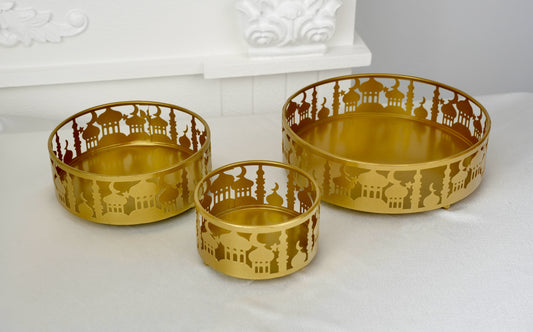 Set of 3 Gold Metal Eid Mubarak Food Tray Storage Containers