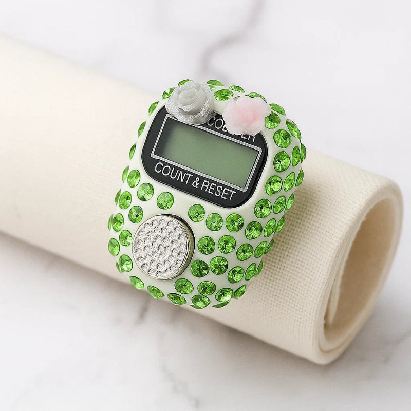 Rose Blossom Finger Tally Counter – Green Rhinestones